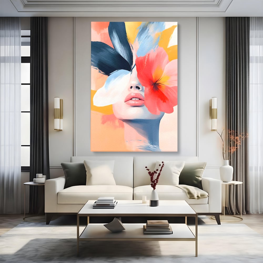 Tablou canvas cu tablou canvas cu fata de femeie si flori pictate, fara rama, pe sasiu de lemn, pe perete intr-un living